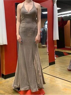Blush Sparkling Halter Prom Gown in Champagne Taupe
